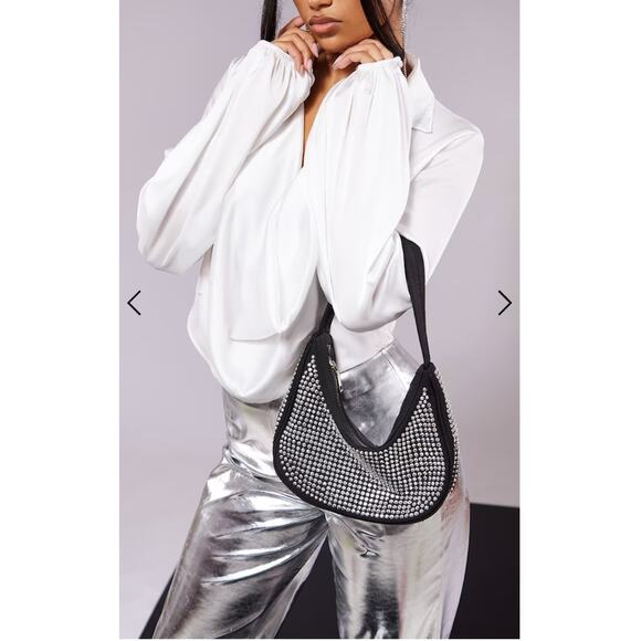 NWT PrettyLittleThing Black Diamante Stud Curved Shoulder Bag - Picture 3 of 9